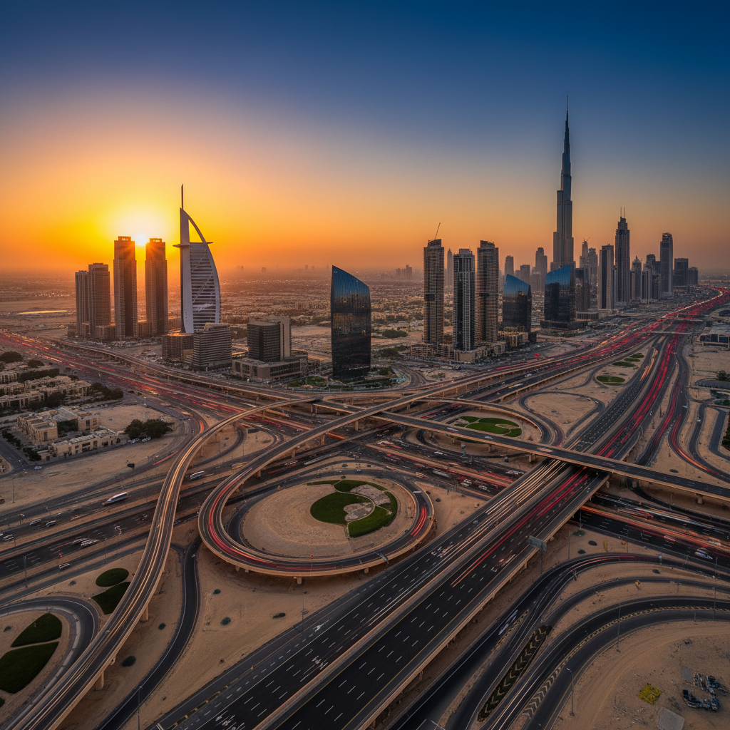 Dubai skyline and roads